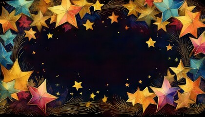 border frame of colorful falling confetti stars modern wallpaper on white background pattern copy space