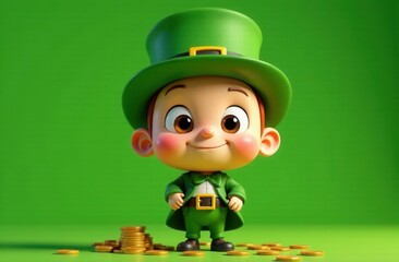 Adorable cartoon leprechaun with big brown eyes, rosy cheeks, and a cheerful smile, dressed in a green outfit with a top hat, standing beside a small pile of gold coins on a vibrant green background