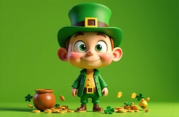 Adorable cartoon leprechaun with big green eyes and cheerful smile, dressed in green outfit with top hat, standing next to pot of gold with scattered coins and shamrocks on bright green background