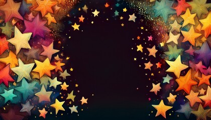 border frame of colorful falling confetti stars modern wallpaper on white background pattern copy space