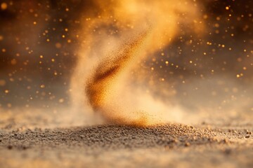 A swirling vortex of sand illuminated by golden sunlight, creating a mesmerizing dust devil.
