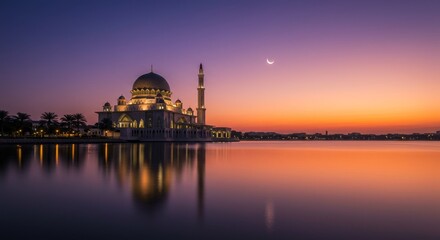 Naklejka premium Ramadan Sunset Mosque Reflection - Tranquil Ramadan scene: mosque reflecting on calm water at sunset, crescent moon in sky. Symbolizes peace, spirituality, faith, hope, and community