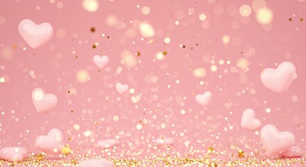 Pink Hearts and Gold Glitter Background - Romantic pink background with falling hearts and gold glitter, perfect for Valentine's Day or wedding designs. for easy