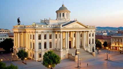 Obraz premium Grand Historical Building Surrounded by Trees during Sunset in Urban Landscape