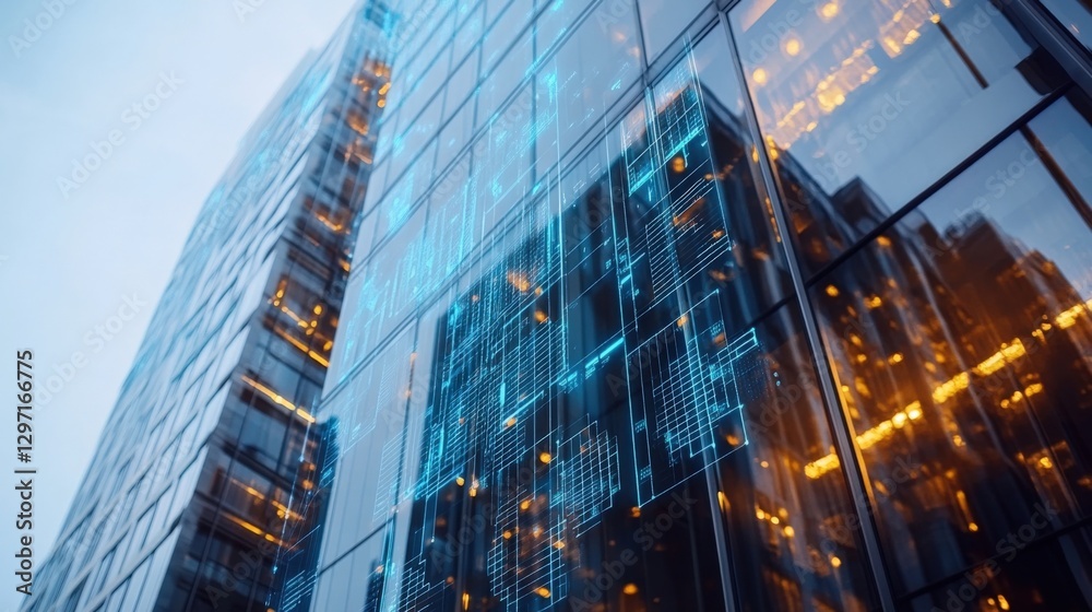 Poster glowing lines and vibrant data projections illuminating a modern building facade, showcasing concept