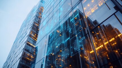 Glowing lines and vibrant data projections illuminating a modern building facade, showcasing concepts of the internet of things, big data, and advanced building automation technologies