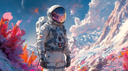 Astronaut exploring alien planet with colorful mountains high resolution hd photo