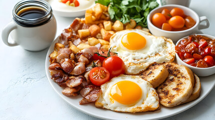 Vibrant plate of a classic full English breakfast featuring crispy bacon, golden fried eggs, grilled tomatoes, saut&eacute;ed mushrooms, baked beans, and toasted bread