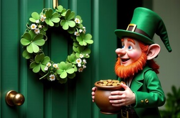 Cheerful leprechaun in a green suit and hat holding a pot of gold, standing next to a festive clover wreath decorated with white flowers on a green door, symbolizing luck and prosperity