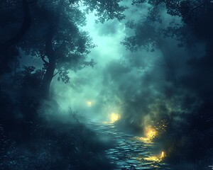 Fototapeta premium Enchanting Night Path Through A Misty Forest