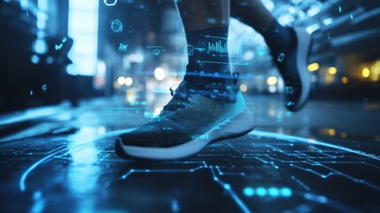 Close up of an athlete's feet running with futuristic shoes collecting performance data through internet of things technology in a modern urban environment