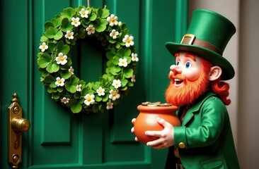 Smiling leprechaun in a green suit and hat holding a pot of gold, standing next to a festive shamrock wreath with white flowers on a green door, symbolizing luck, wealth, and Irish traditions