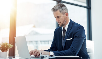 Finance, business or and typing on laptop for company budget report, writing cash flow statement or planning. Flare, mature financial manager, technology or project management with performance review