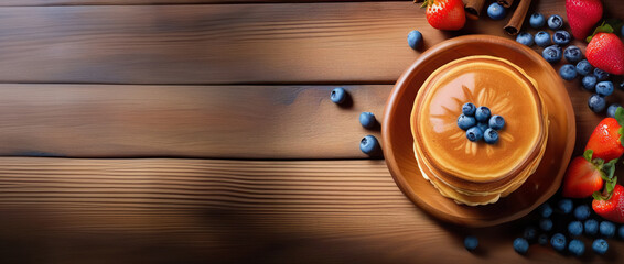 Top view of delicious breakfast made from pancakes on a brown ceramic plate, blueberries and strawberries lie near, a wooden background, space for text, banner