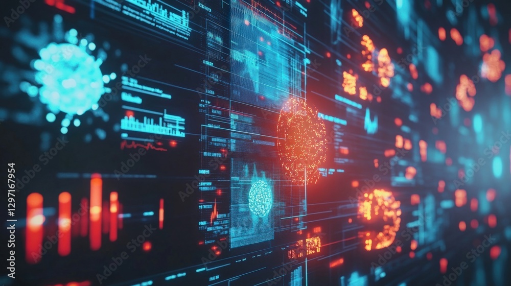 Poster futuristic interface displaying complex data analysis, global networks, and intricate visualizations