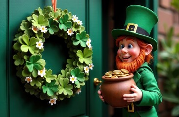 Smiling leprechaun in a green hat and suit holding a pot of gold in front of a decorated shamrock wreath with white flowers on a dark green door, symbolizing luck, prosperity, and Irish folklore