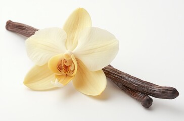 Elegant Vanilla Orchid Flower on Natural Bean Pod Displayed on Light Background for Aromatic and Culinary Inspirations