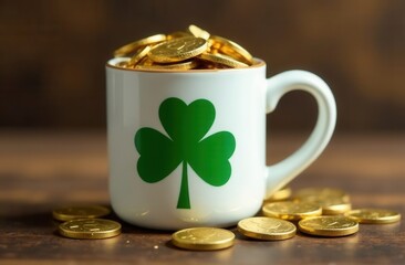 White ceramic mug with a green shamrock symbol, filled with gold coins, placed on a rustic wooden surface with additional scattered coins, symbolizing luck, wealth, and Saint Patrick's Day tradition