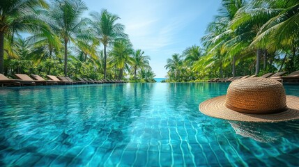 Obraz premium Tropical poolside straw hat, sunlit, resort, ocean view