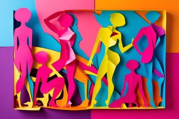 Oil painting origami style different colored women dancing and representing diversity, friendship, unity, teamwork, humanity. Watercolor style. Celebrating women’s day