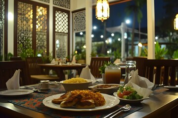 Fototapeta premium Breaking fast with perfect appetizing iftar meal, depicting fine dining restaurant dining room in peaceful twilight atmosphere