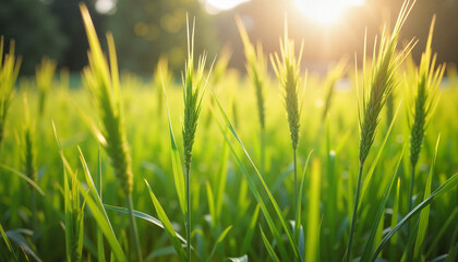 Fototapeta premium Sunny grass in a herbal garden, vibrant mood, swaying in the sunlight background