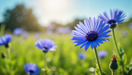 Fototapeta premium Bountiful cornflower blossoms, vibrant mood, blooming in a sunny meadow background