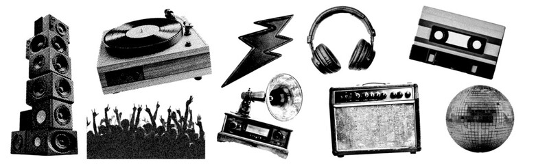 Set of music and instrument halftone grunge vector design elements - obrazy, fototapety, plakaty
