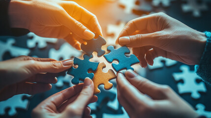 Teamwork puzzle: Hands connect pieces, symbolizing collaboration and problem-solving. Unified effort leads to shared success and achievement.