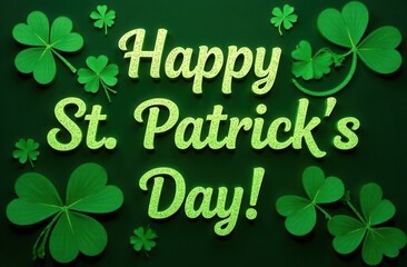 Happy St. Patrick's Day message in glowing green letters on a dark green background, surrounded by vibrant shamrocks, creating a festive and lucky atmosphere for the Irish holiday celebration