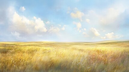 An expansive field of grass under a bright blue sunny sky