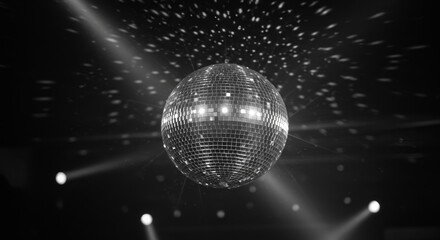 Obraz premium Sparkling Disco Ball Retro Party Nightlife Celebration - . Disco ball, lights, celebration, nightlife, retro party. Symbolizes fun, energy, entertainment, music, and dancing