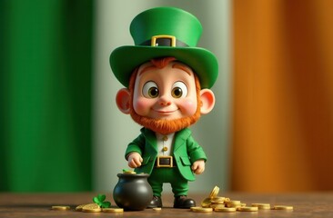 Cute young leprechaun with big eyes and a cheerful smile stands in front of the Irish flag, dressed in a green outfit with a tall hat, next to a small black pot of gold and scattered coins
