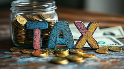 Colorful TAX letters with a coin jar on a table, symbolizing financial responsibility, tax planning, and budgeting for businesses and individuals for economic stability