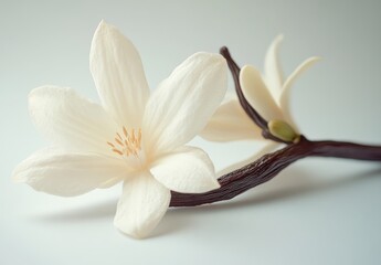 Obraz premium Elegant white flower with delicate petals on a smooth background, showcasing the beauty of nature in photography, perfect for botanical designs and artwork