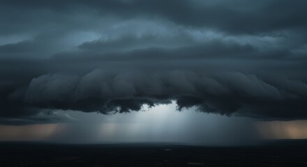 Naklejka premium Stormy Sky Over Flatlands - Dramatic storm clouds with heavy rain and a . Symbolizes global warming, climate change, environmental disaster