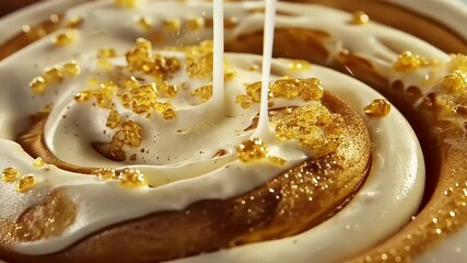 Close-up of a freshly baked cinnamon roll drizzled with creamy icing and topped with golden sprinkles - Powered by Adobe
