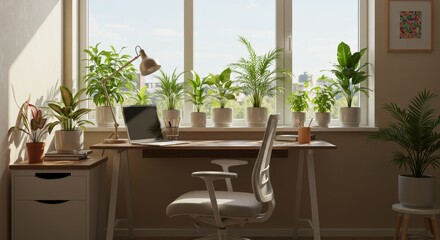 Fototapeta premium Sunny Window Office Desk Setup with Plants and - Bright, airy home office workspace. Sunlight streams in, illuminating plants and a laptop on a desk. Clean