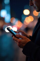 In a bustling city at night a person in a dark outfit interacts with a smartphone illuminated by soft street lights and distant city lights creating a vibrant atmosphere.