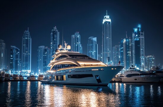 Luxurious yacht at night in Dubai