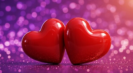 Obraz premium Two Red Hearts on Purple Glitter - Two glossy red hearts nestled together on a shimmering purple background. Perfect for Valentine's Day or romantic designs