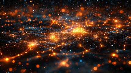 Fototapeta premium Abstract glowing network landscape with orange and blue lights