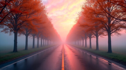 Stunning autumn road with vibrant orange trees and misty horizon, perfect for seasonal travel and landscape photography