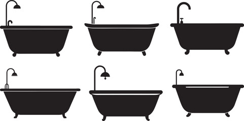 set of bathtub silhouette, black and white silhouette, vector and illustration