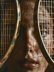 A female tennis player’s intense gaze through crossed rackets, sweat glistening. The teal backdrop adds a cool vibe. Ideal for sports campaigns, athletic apparel ads, or empowering fitness art. (164 c