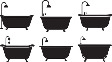 set of bathtub silhouette, black and white silhouette, vector and illustration