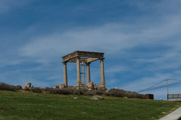 The Mirador Los Cuatro Postes or the Four Posts, an ancient monument viewpoint over the Spanish fortified walled city of Ávila marks the city limits