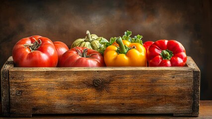 Freshly harvested tomatoes and peppers displayed in a rustic wooden crate against a warm background
