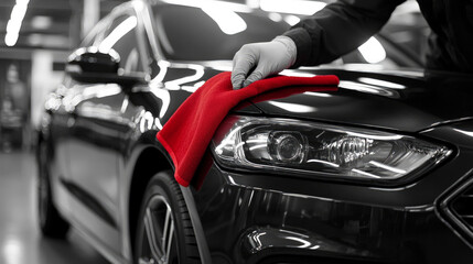 Obraz premium A close-up of a worker polishing a sleek black car with a vibrant red microfiber cloth, highlighting the glossy finish in a professional auto detailing setting.