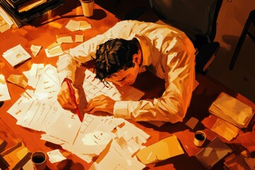 A man, slumped over paperwork, appears exhausted from late-night work, illuminated by warm, desk lamp light.